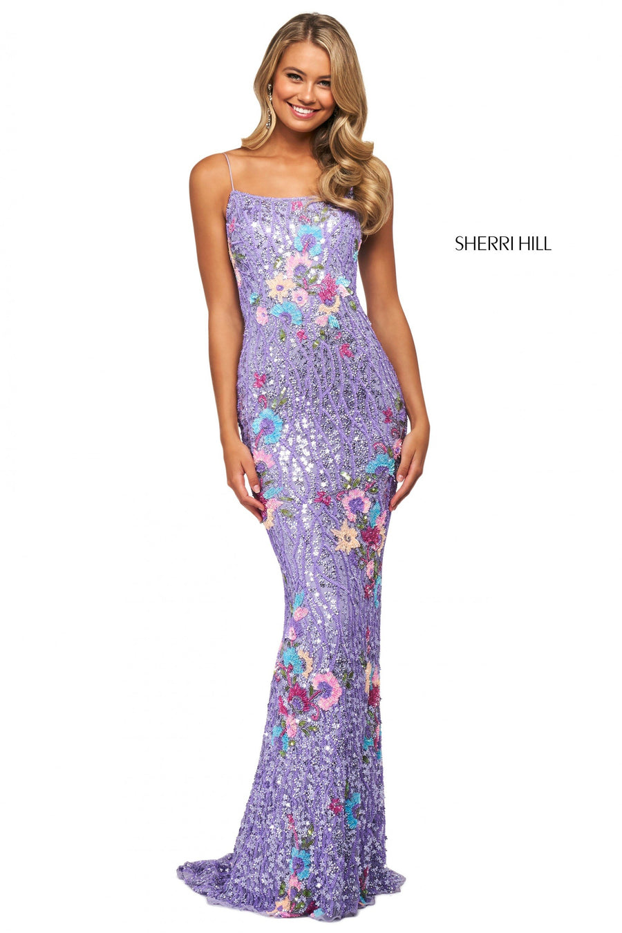 Sherri Hill style 53816 in lilac/multi, Fitted Floral Print Beaded Gown