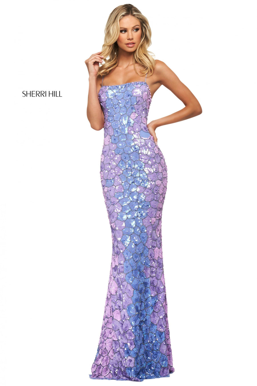 Sherri Hill style 53819 in periwinkle/lilac, Pattern Sequins and Beaded Column Dress