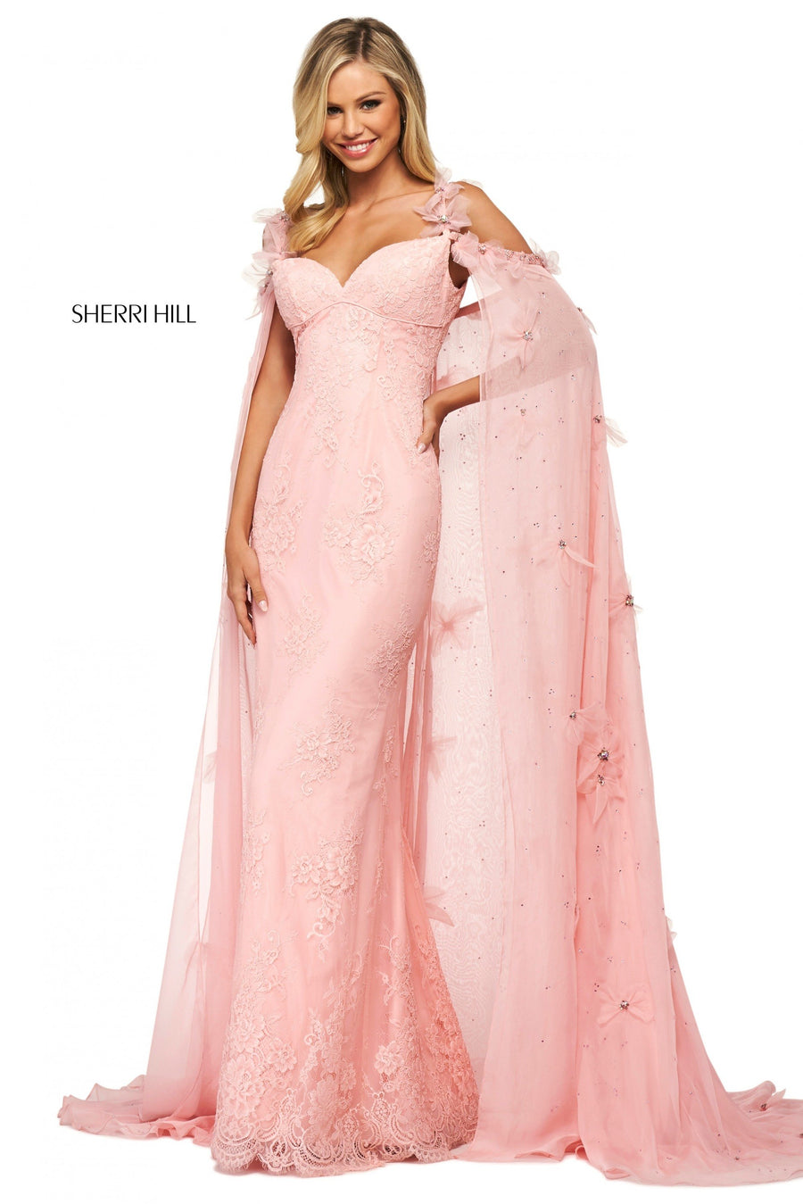 Sherri Hill style 53822 in blush, Lace Gown with Sweetheart Neckline