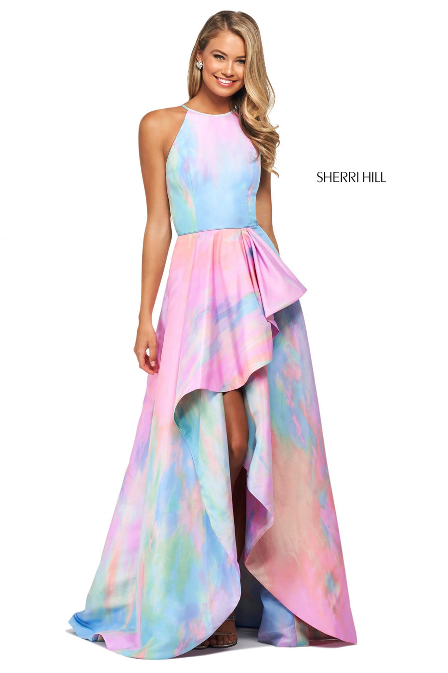 Sherri Hill style 53870 in ivory/multi, Tie-Dye Print Mikado A-Line Dress