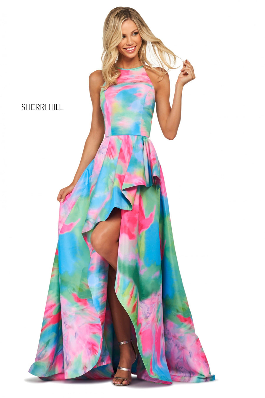 Sherri Hill style 53871 in multi, Bright Tie-Dye Print Mikado A-Line Dress