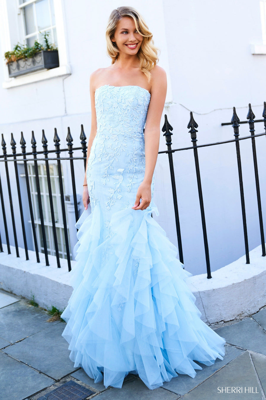 Sherri Hill style 53346 in yellow, Lace Mermaid Dress with Embroidery