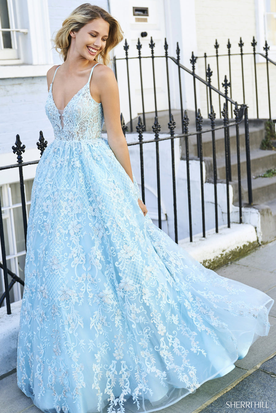 Sherri Hill style 53625 in aqua, Beaded and Embroidered A-Line Gown
