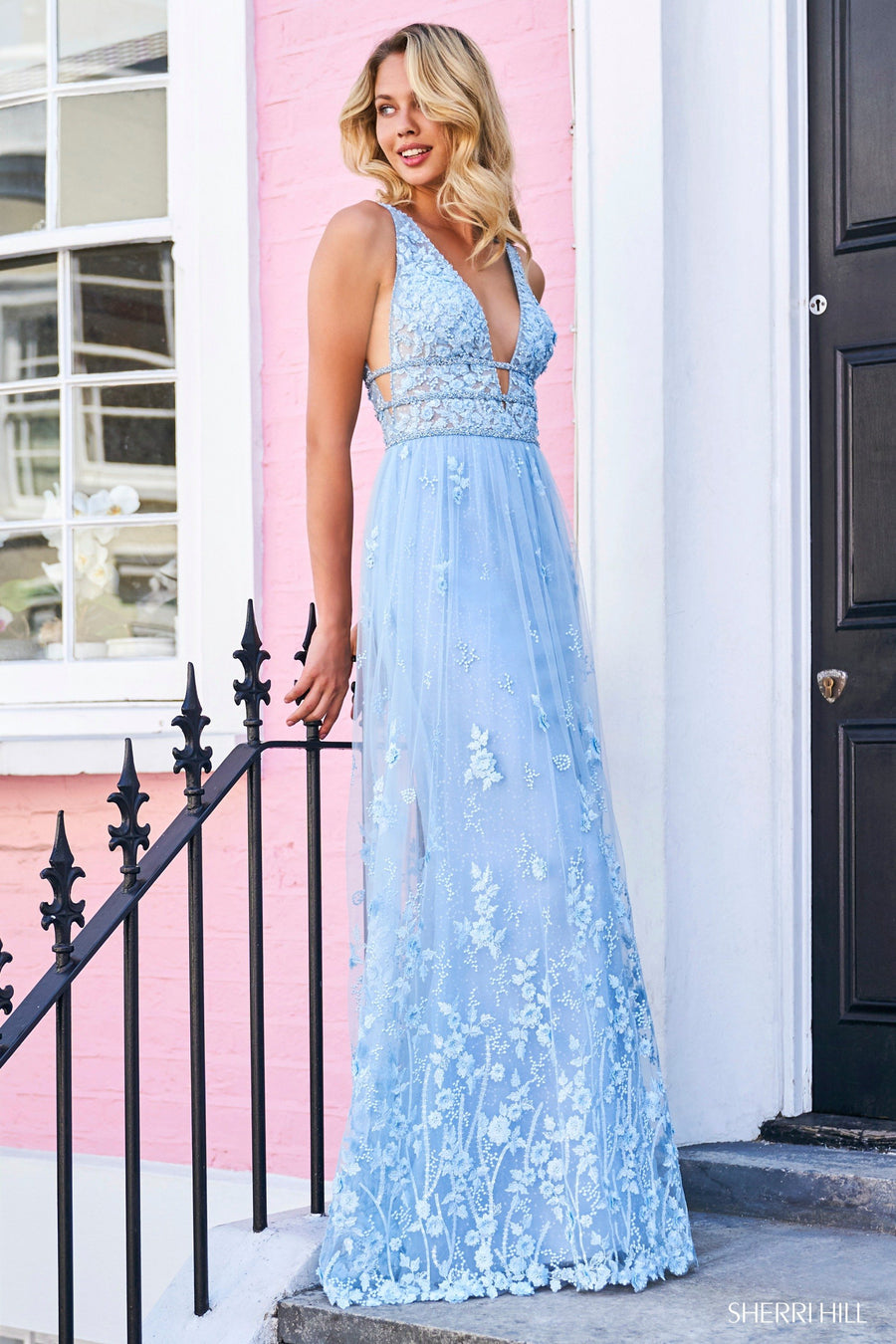 Sherri Hill style 53695 in light blue, Embroidered Chiffon Skirt