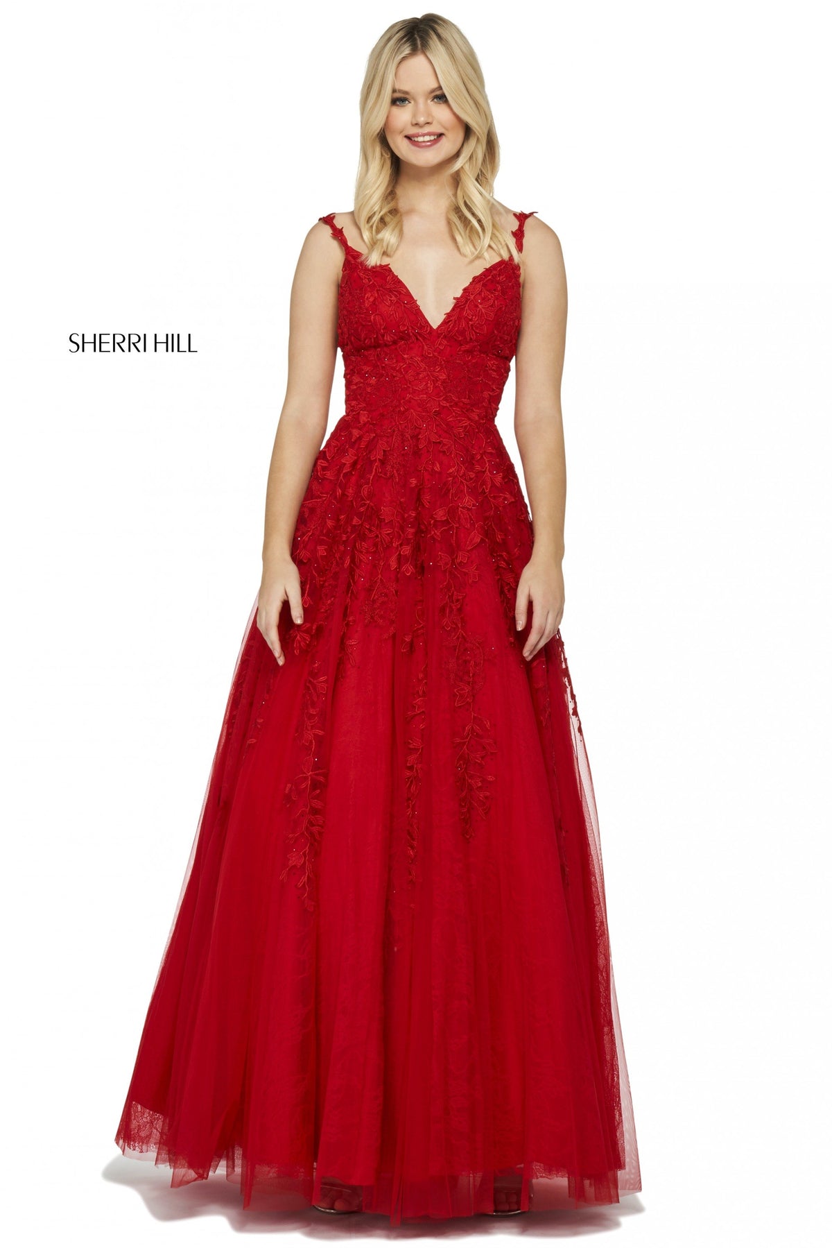 Sherri Hill 52342 leaf lace appliqued A-line gown in red