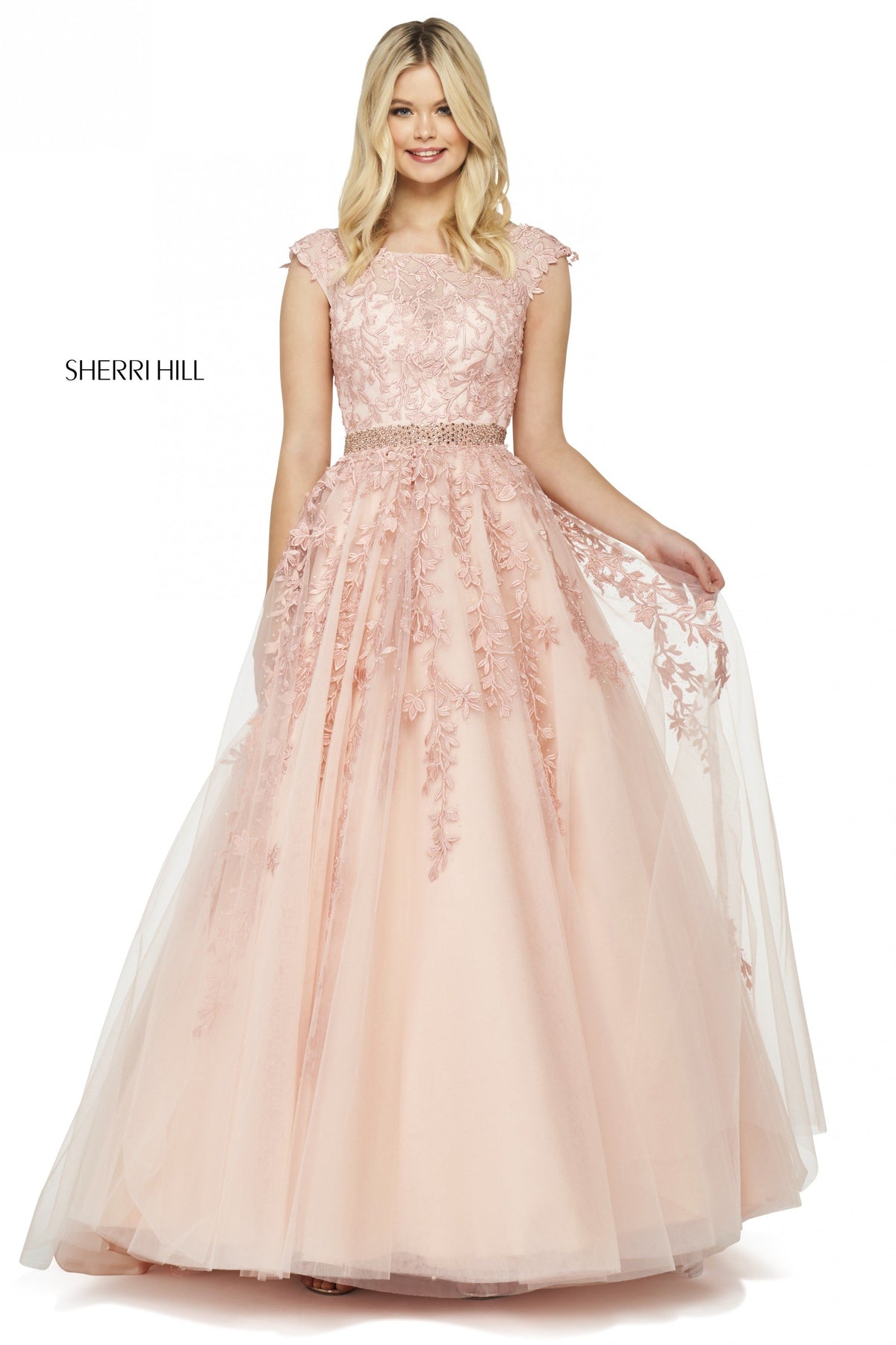 Sherri Hill 53356 embroidered tulle ball gown in blush