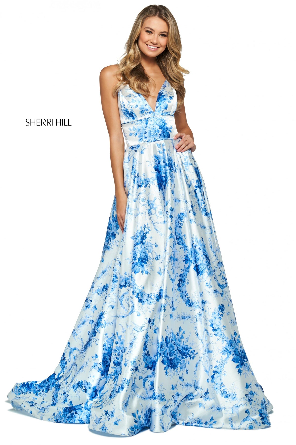 Sherri Hill 53886 french floral pattern satin A-line gown in ivory/blue print