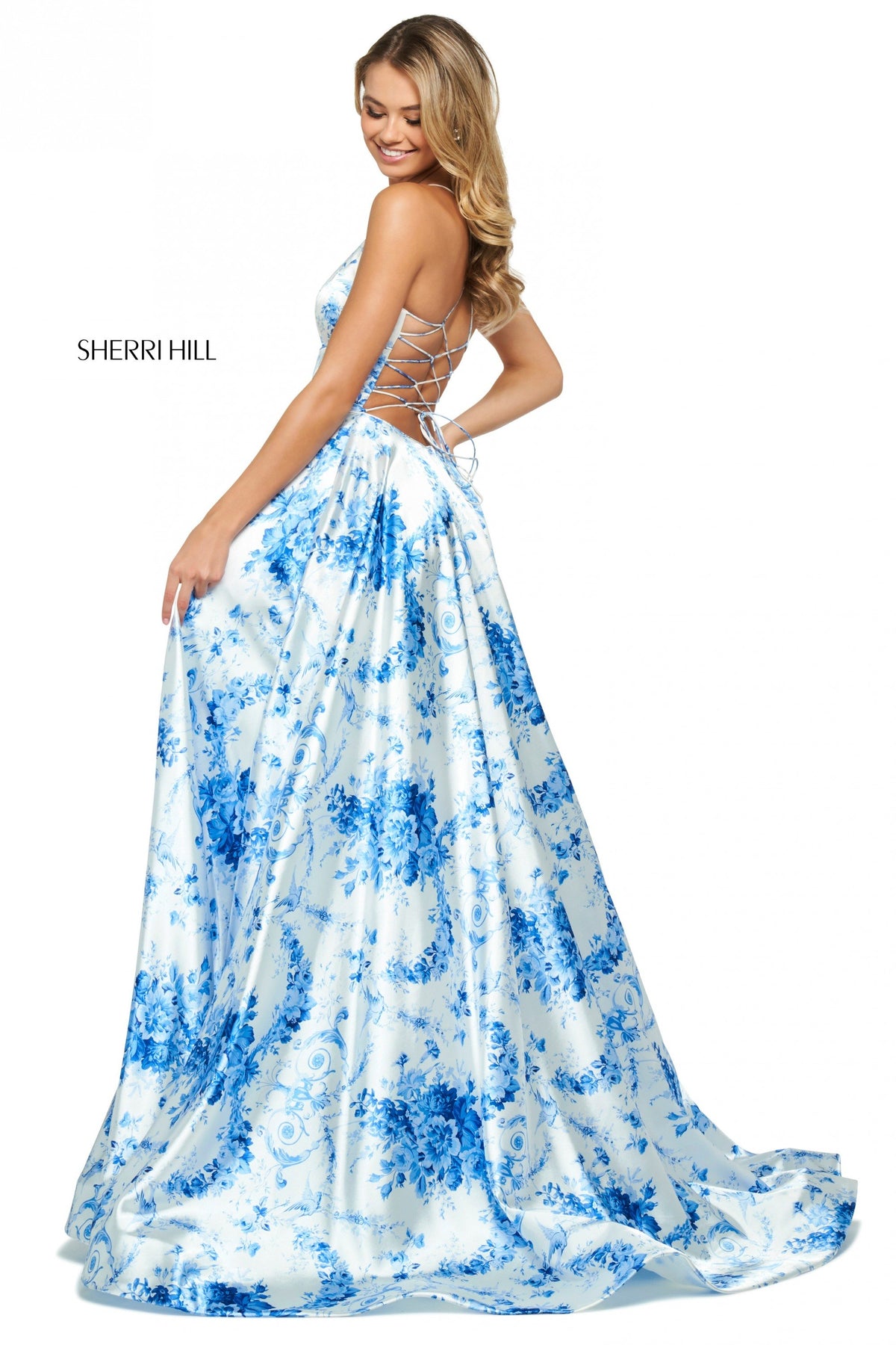Sherri Hill 53886 french floral pattern satin A-line gown in ivory/blue print