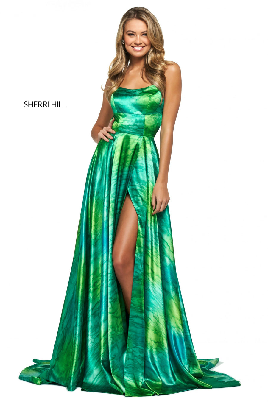 Sherri Hill style 53888 in green print, Satin Print Gown with Skirt Slit