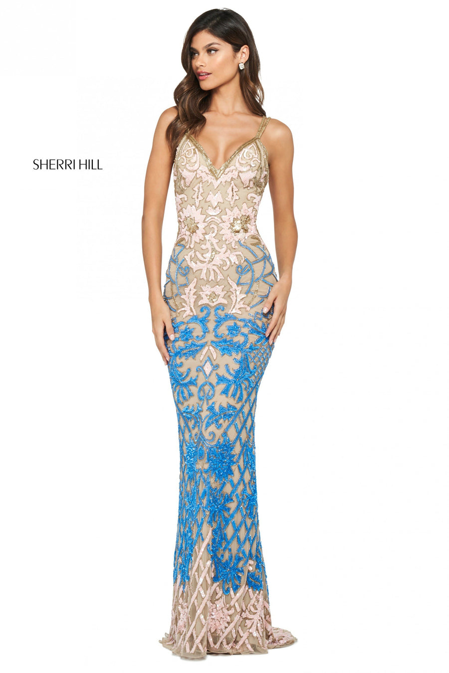 Sherri Hill style 53895 in nude/pink/blue, Fitted Pattern Sequin and Beaded Gown