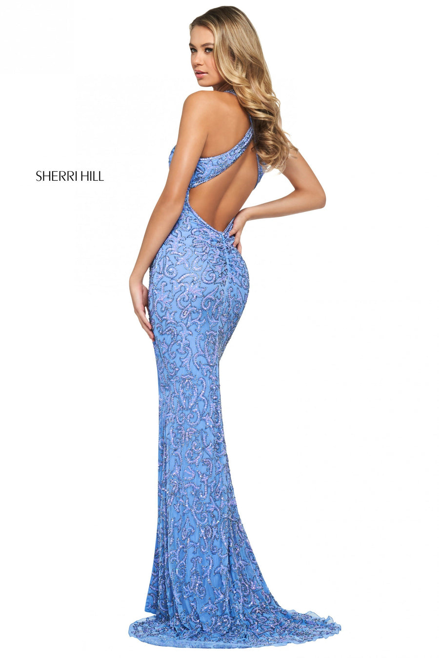 Sherri Hill style 53897 in periwinkle, Pattern Beaded Column Dress