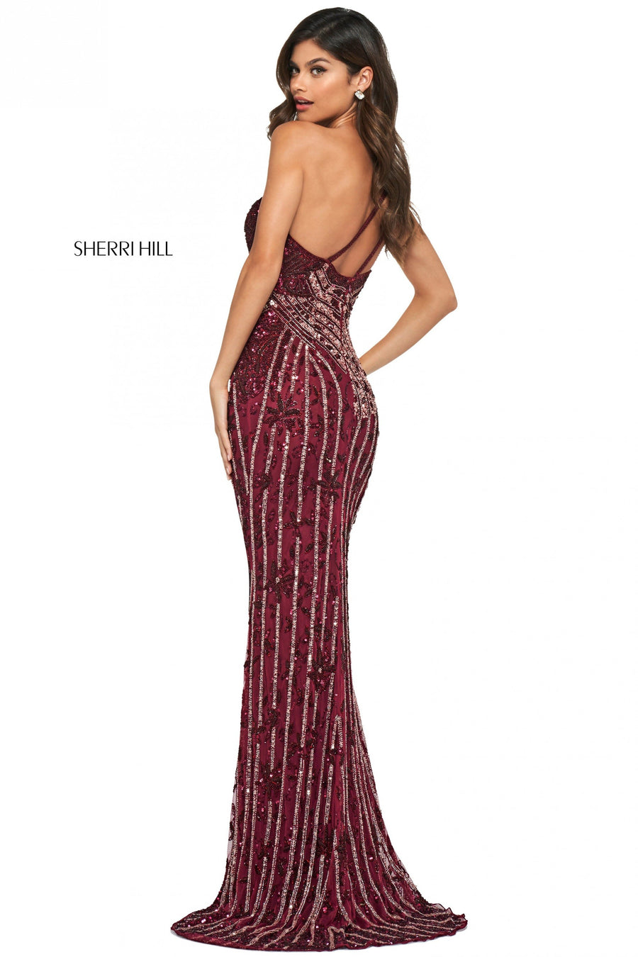 Sherri Hill style 53913 in burgundy/blush, Pattern Beaded Column Dress