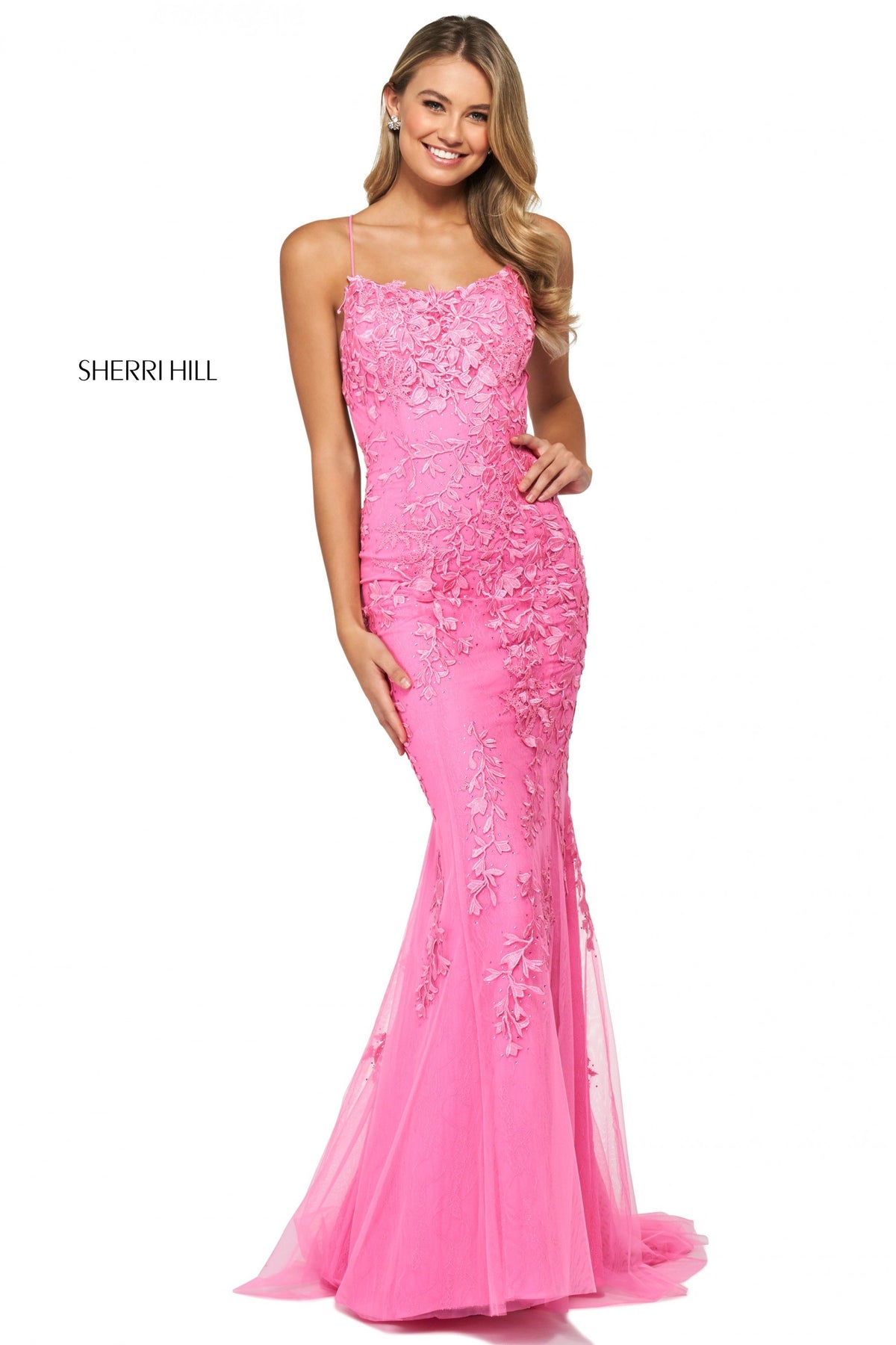 Sherri Hill 52338 leaf lace appliqued fitted gown