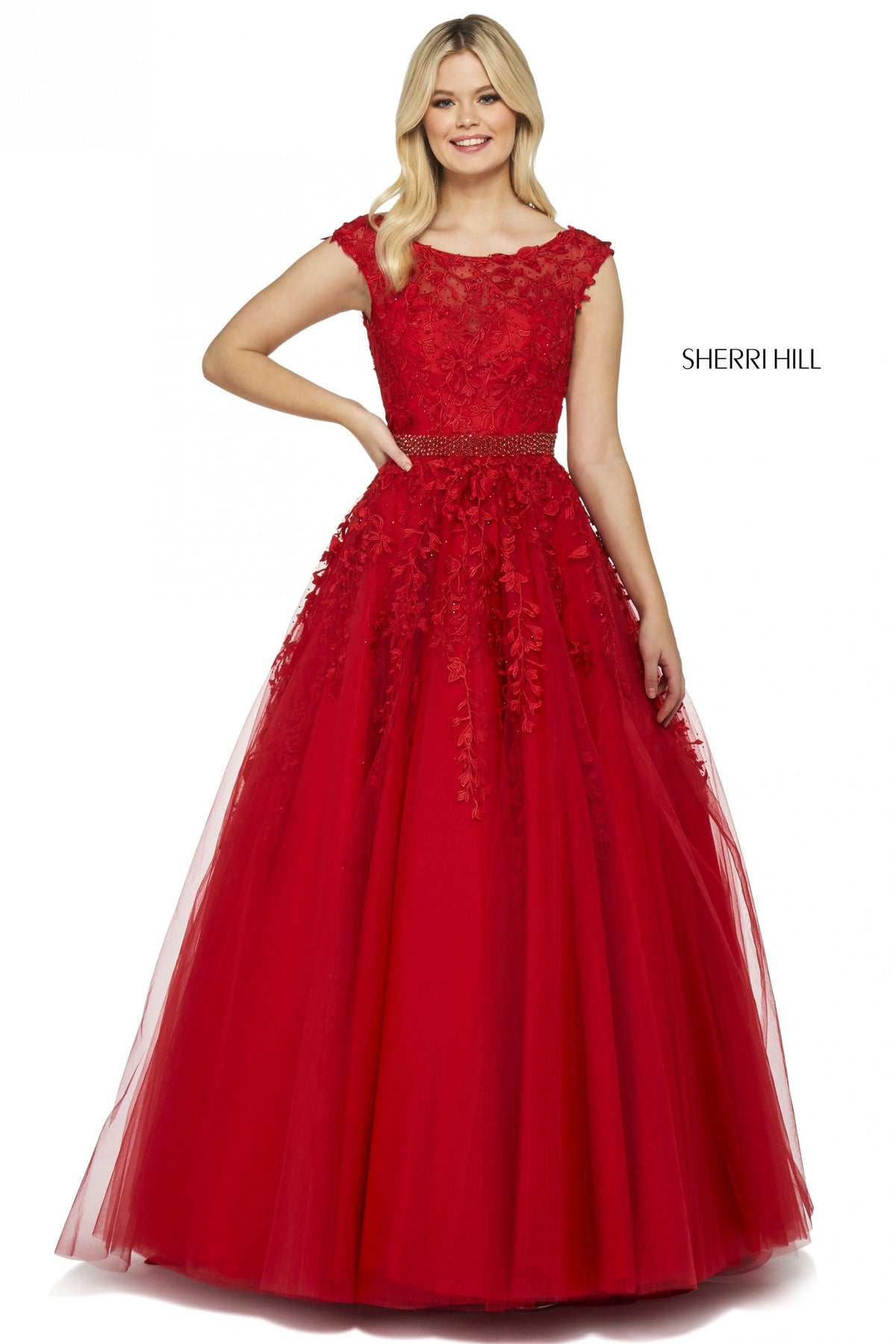 Sherri Hill 53356 embroidered tulle ball gown in red