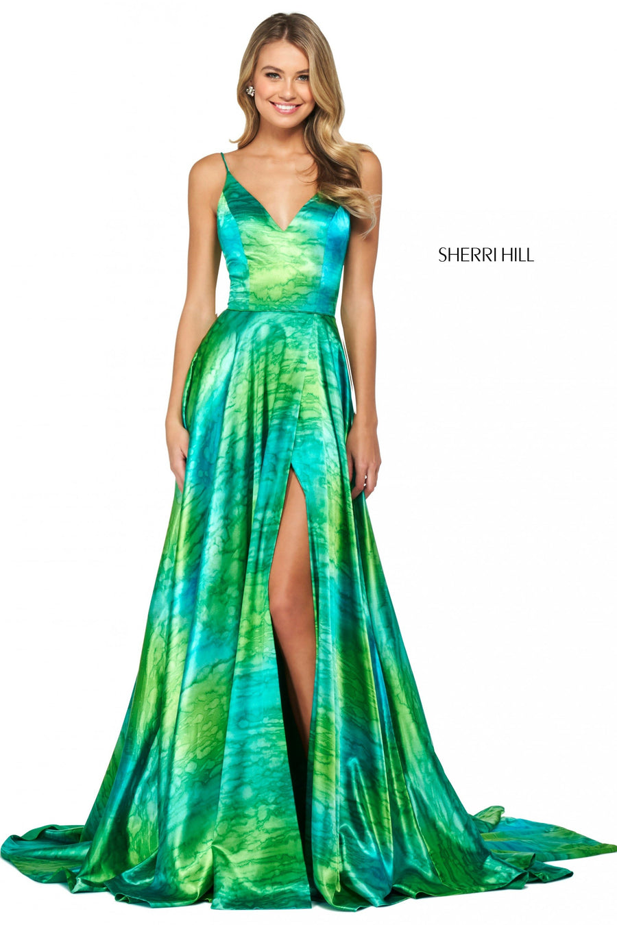Sherri Hill style 53889 in green print, Satin Print Gown with Skirt Slit