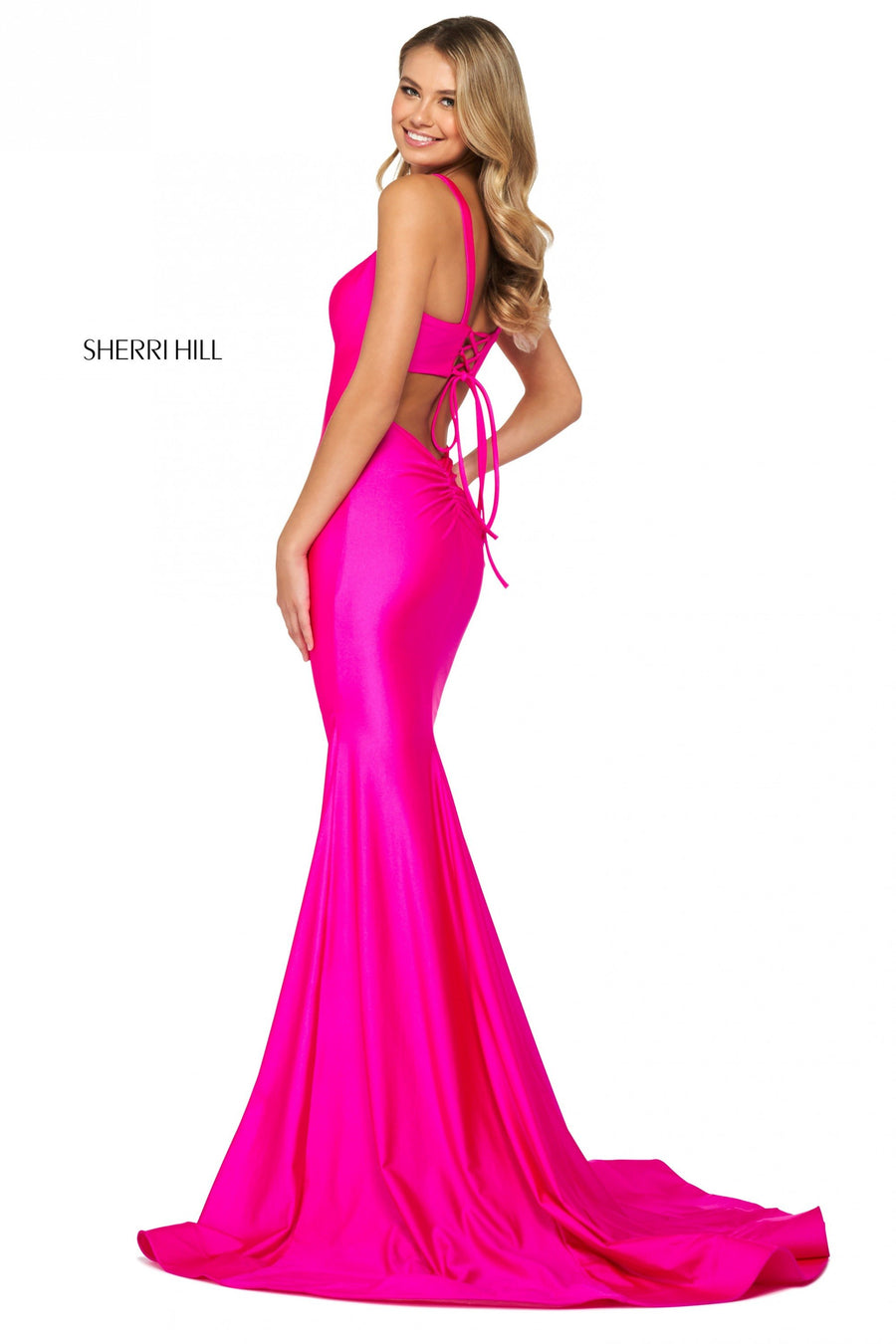 Sherri Hill style 53906 in dark coral, Silky Stretch Jersey Gown