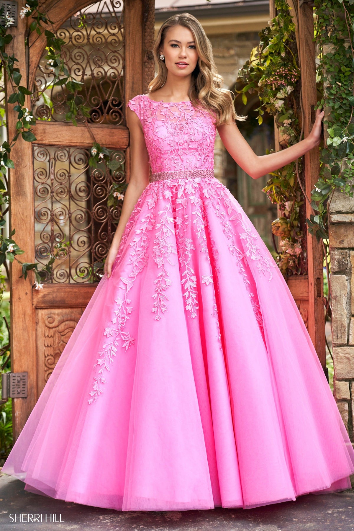 Sherri Hill 53356 embroidered tulle ball gown in bright pink