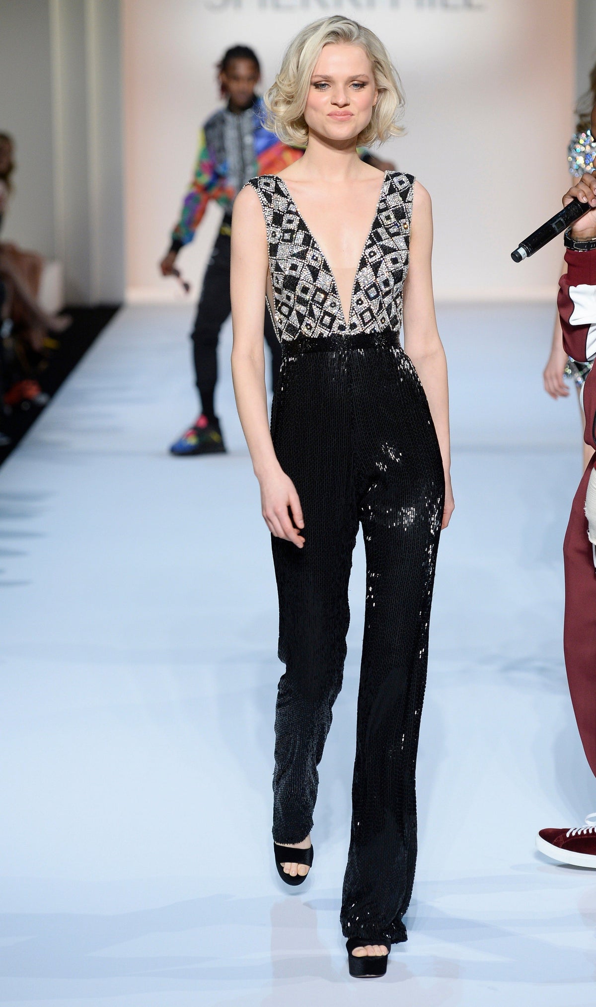 Sherri Hill 44772 V-neck beaded jumpsuit in black/silver