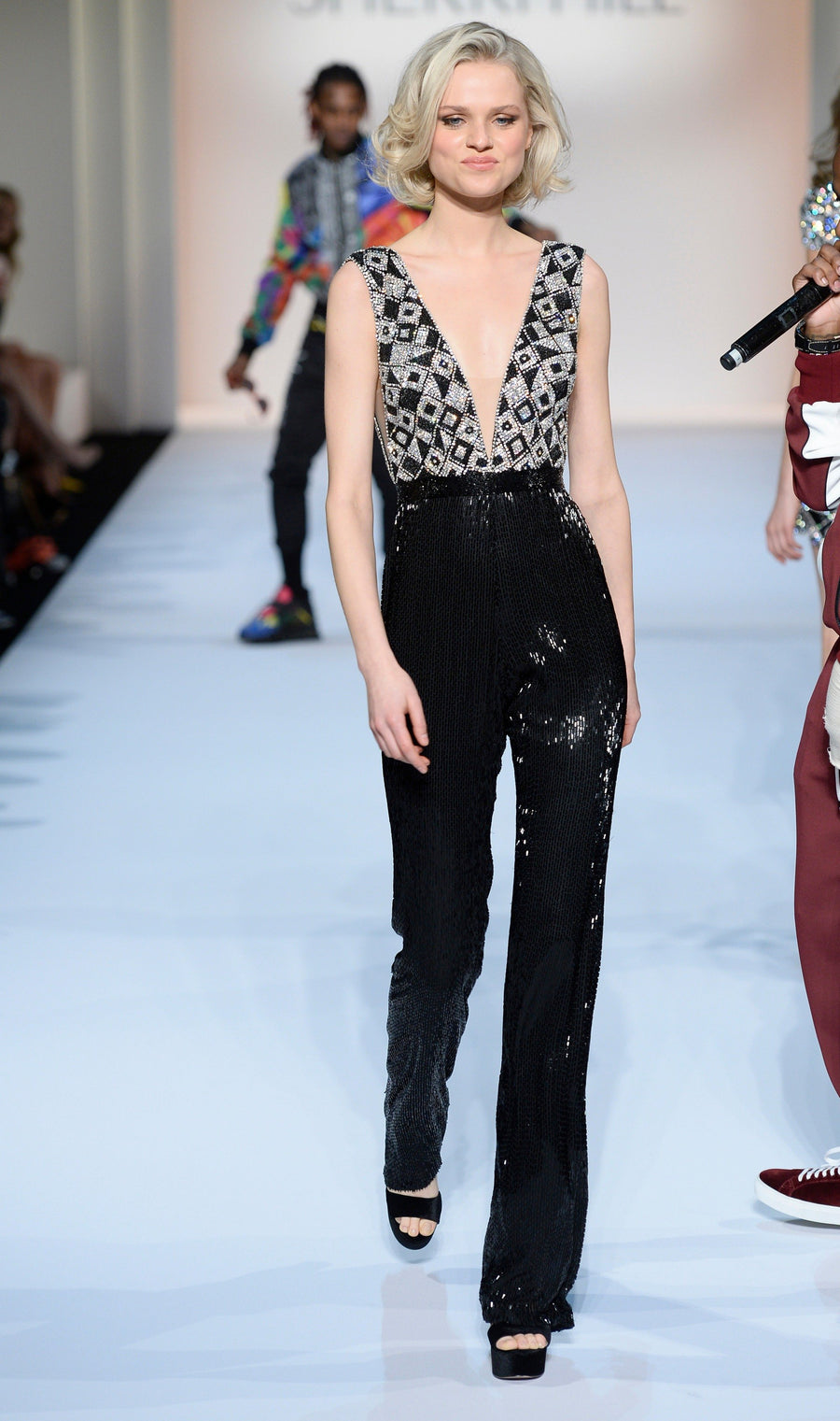 Sherri Hill style 44772 in black/silver, V-Neck Beaded Jumpsuit