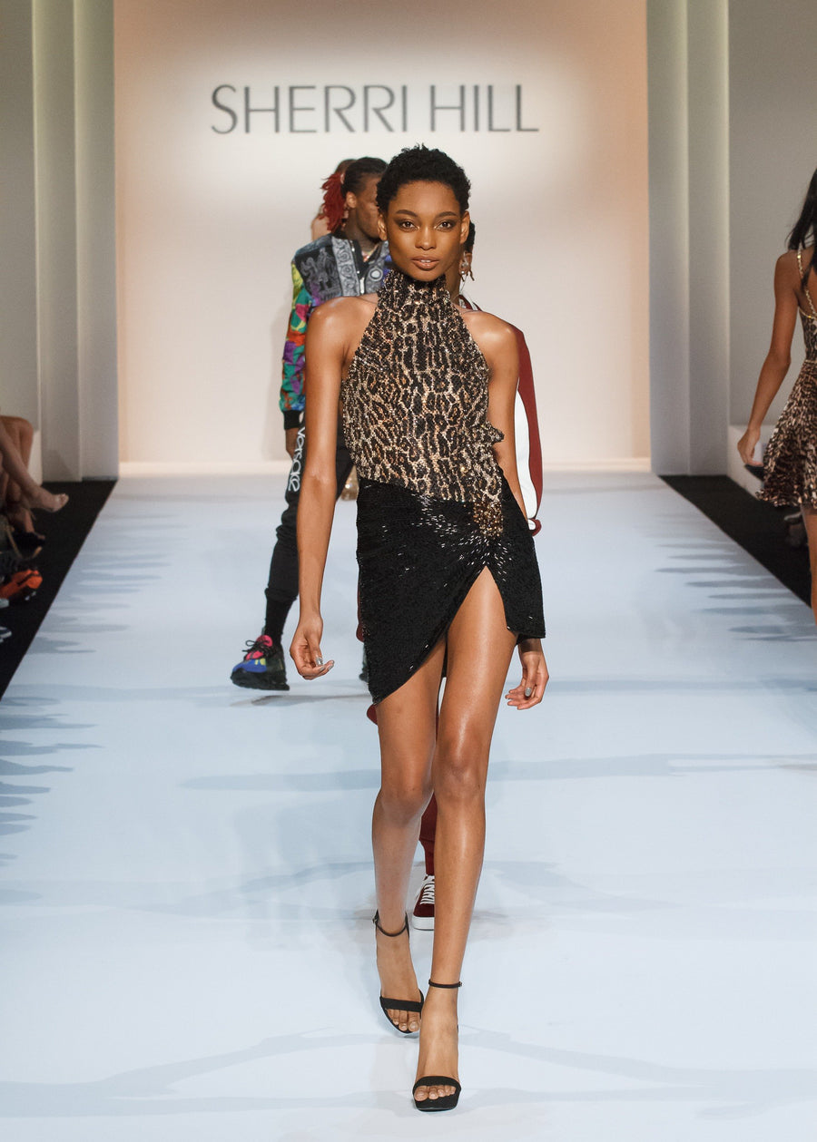 Sherri Hill style 44794 in black/leopard, Halter Beaded Cocktail Dress with Slit