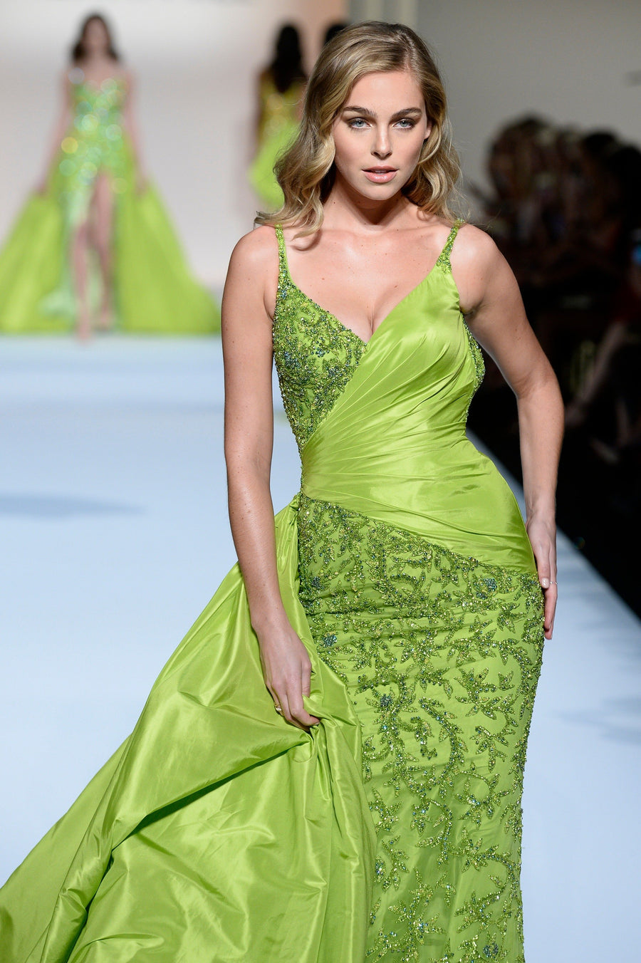 Sherri Hill style 44725 in celadon, Beaded Fitted Gown with Taffeta Overskirt