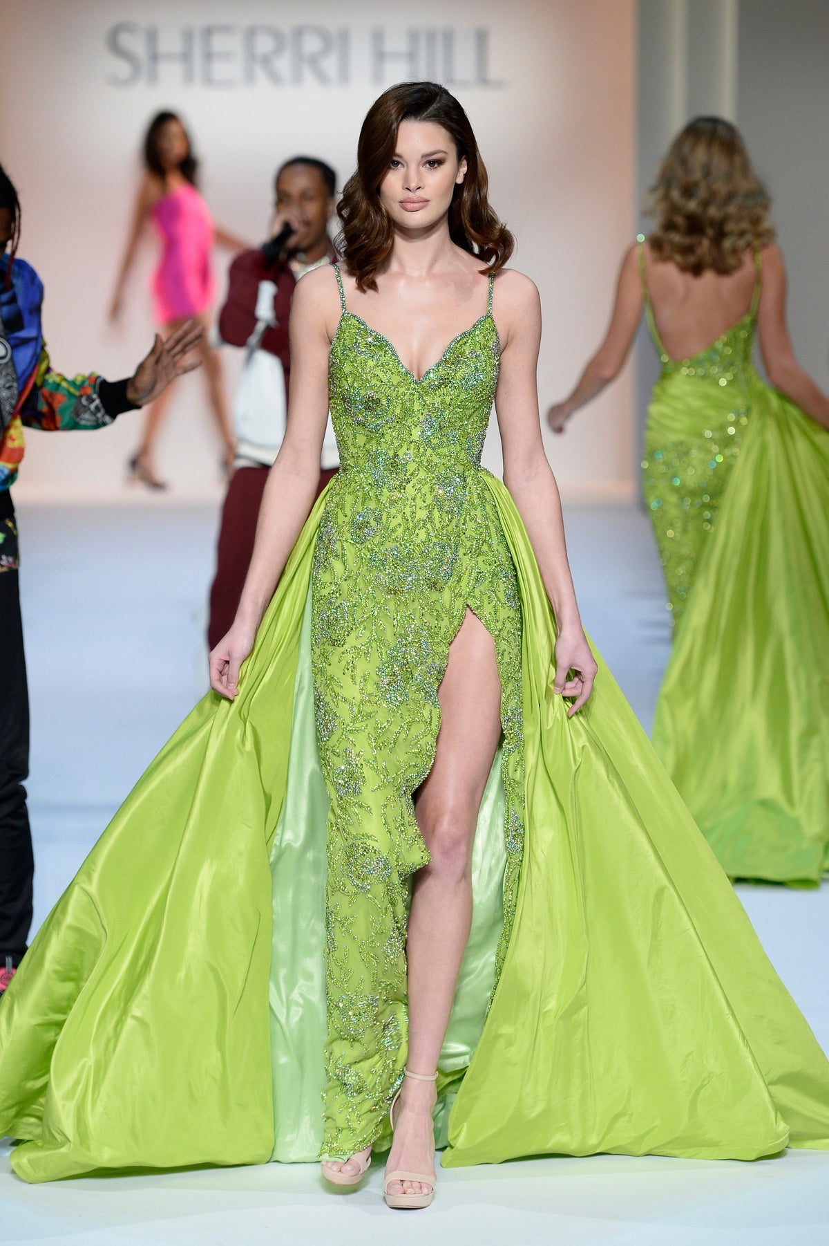 Sherri Hill 44758 V-neck beaded gown with taffeta overskirt and slit in celadon