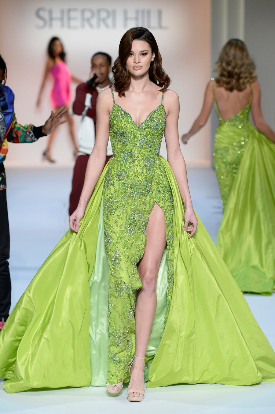 Sherri Hill style 44758 in celadon, V-Neck Beaded Gown with Taffeta Overskirt