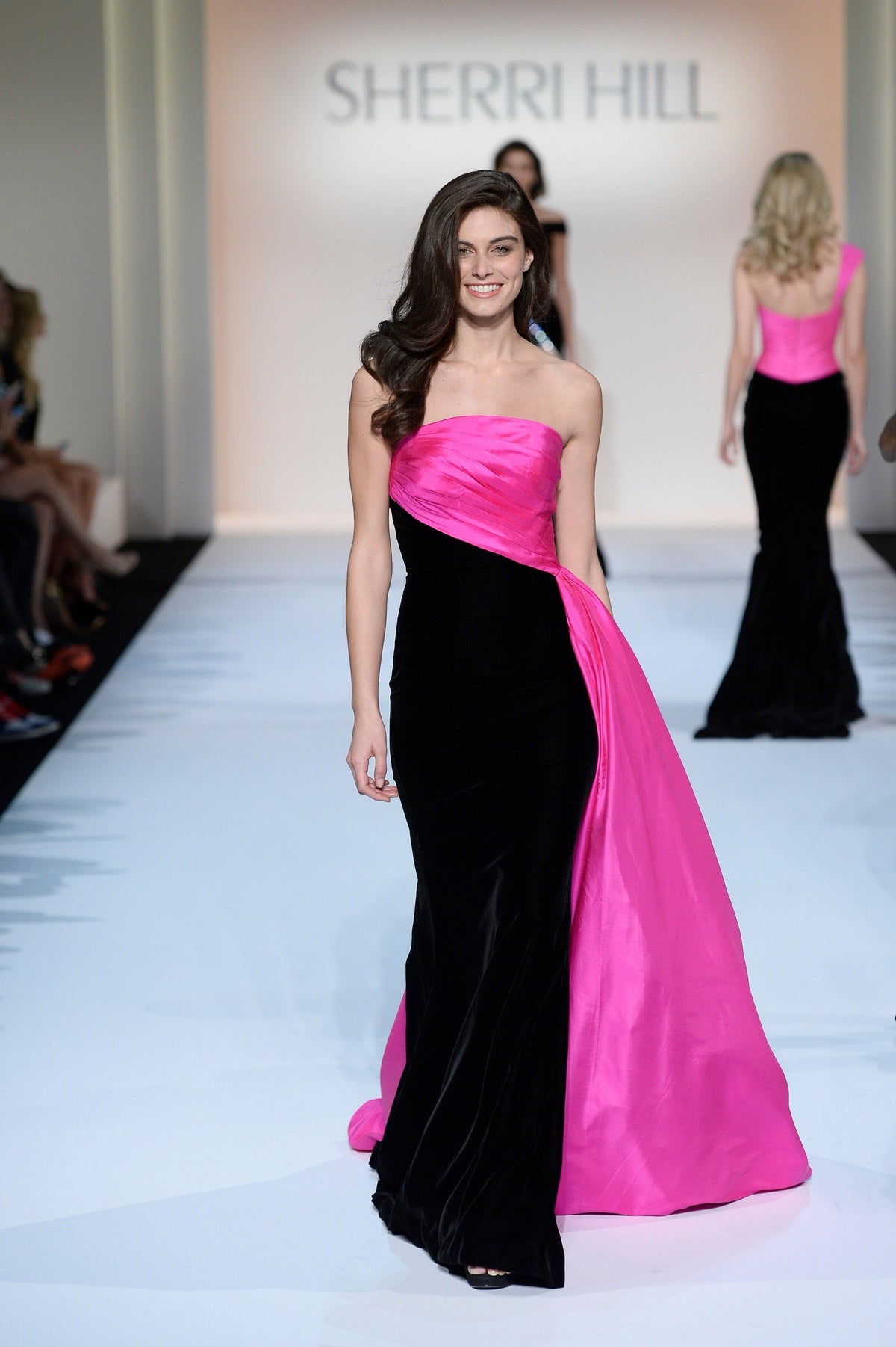 Sherri Hill 44643 strapless color-block gown in black/fuchsia