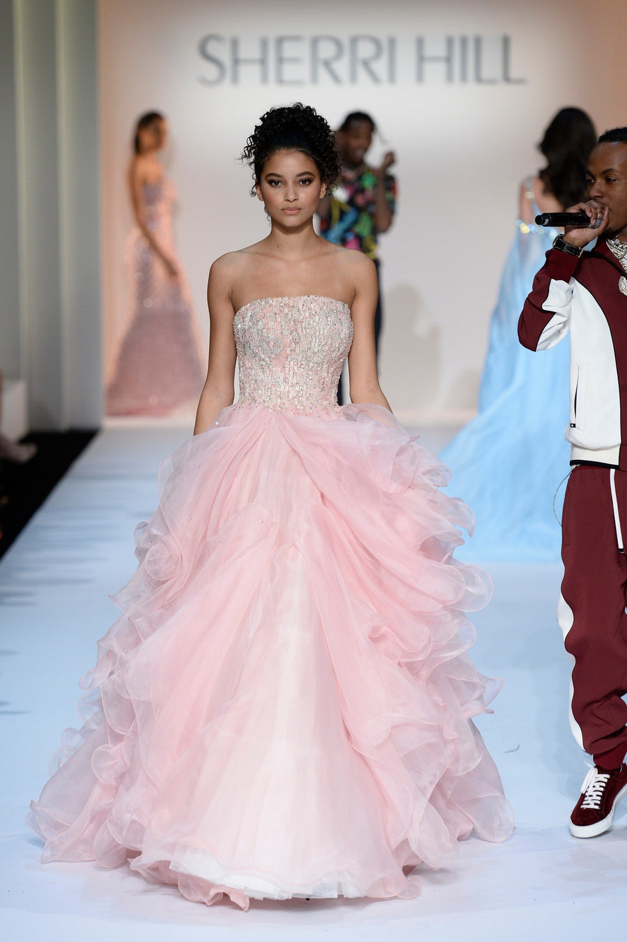 Sherri Hill style 44733 in light pink, Strapless Ruffled Tulle Ball Gown