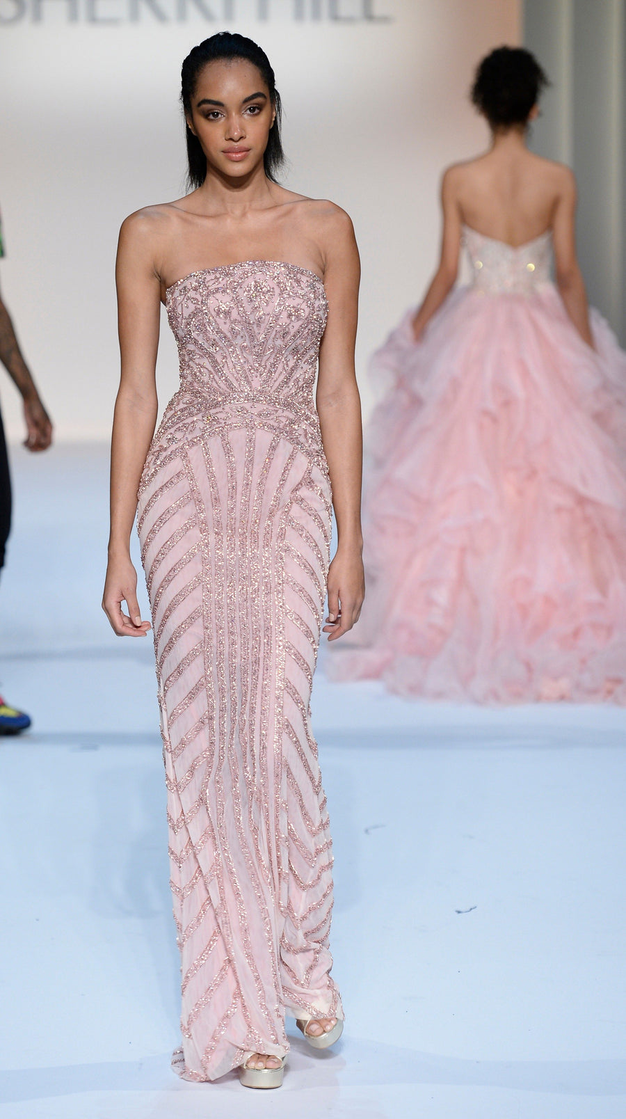 Sherri Hill style 44727 in pink, Strapless Beaded Fitted Gown