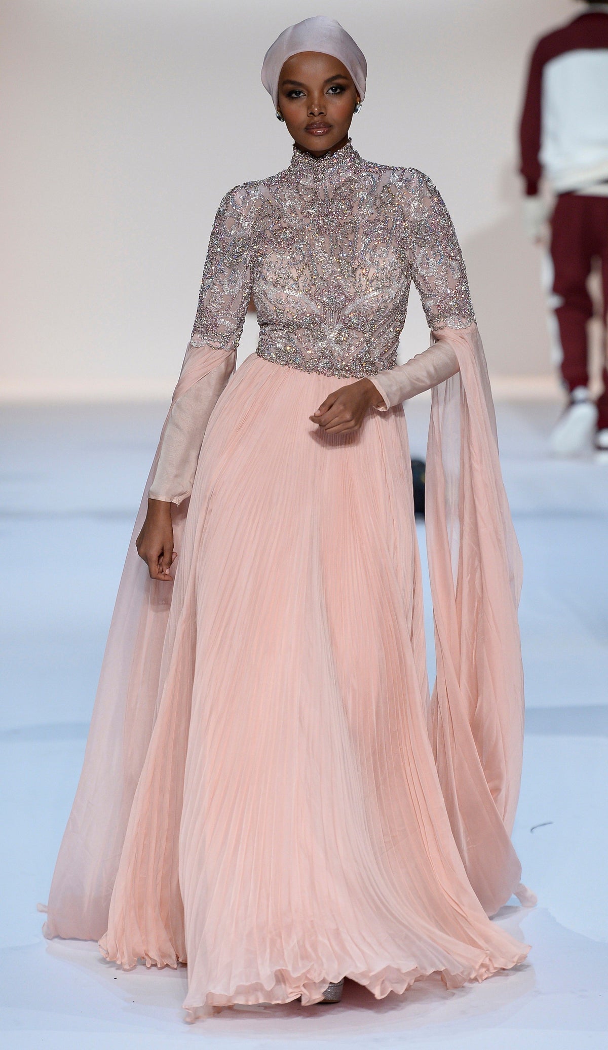 Sherri Hill 44814 beaded bodice chiffon gown with cape sleeves in light pink