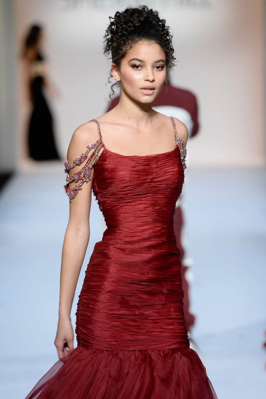 Sherri Hill style 44730 in wine, Ruched Satin Mermaid Gown
