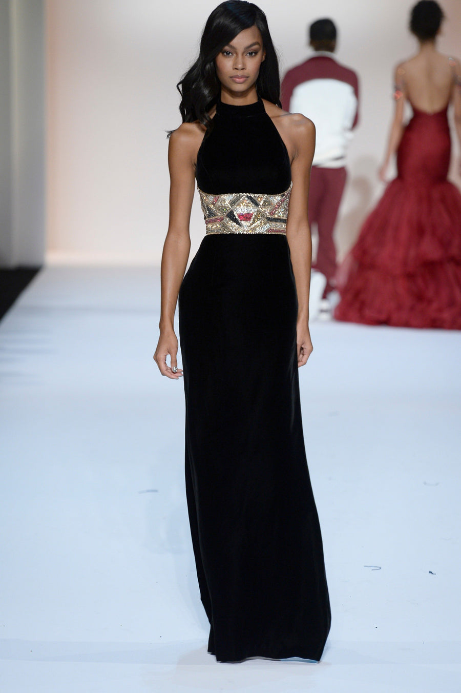 Sherri Hill style 44747 in black, Halter Jersey Gown with Beaded Waist