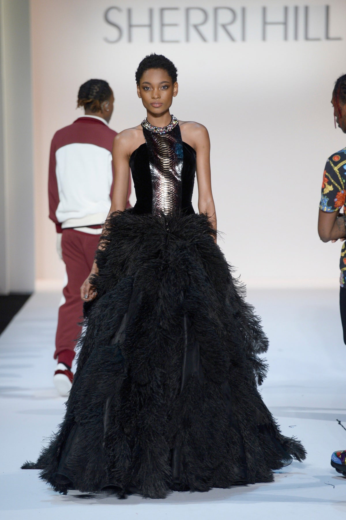 Sherri Hill 44735 beaded bodice ball gown with ruffled tulle skirt in black