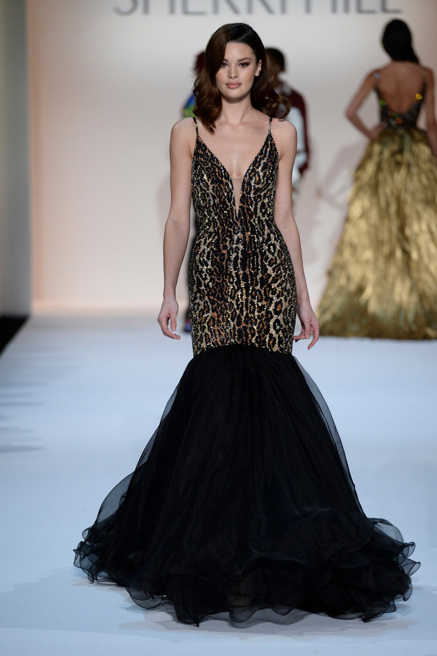 Sherri Hill style 44750 in leopard/black, Beaded Mermaid Gown with Tulle Skirt