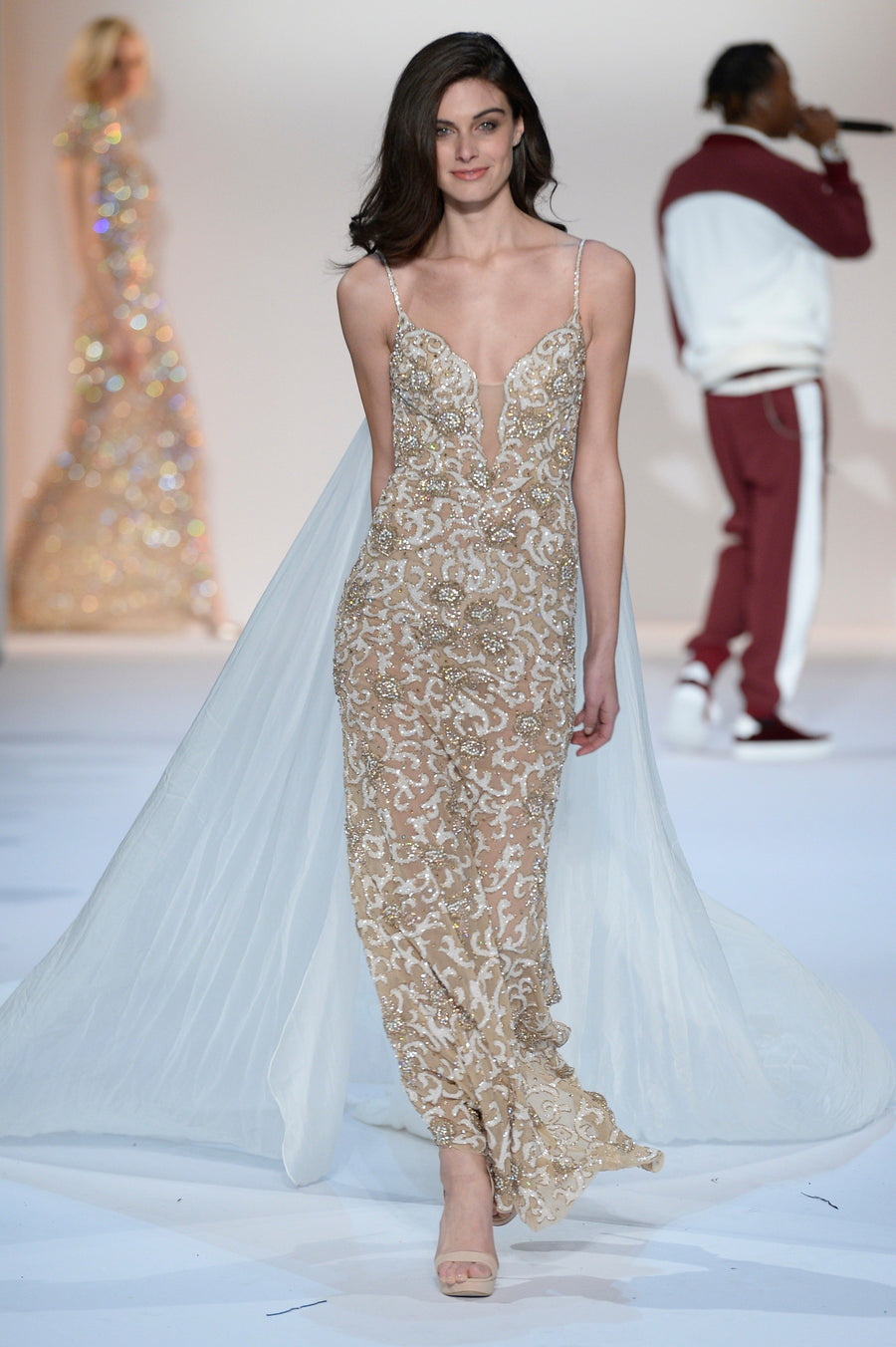 Sherri Hill style 44751 in nude/ivory, Beaded Fitted Gown with Cape