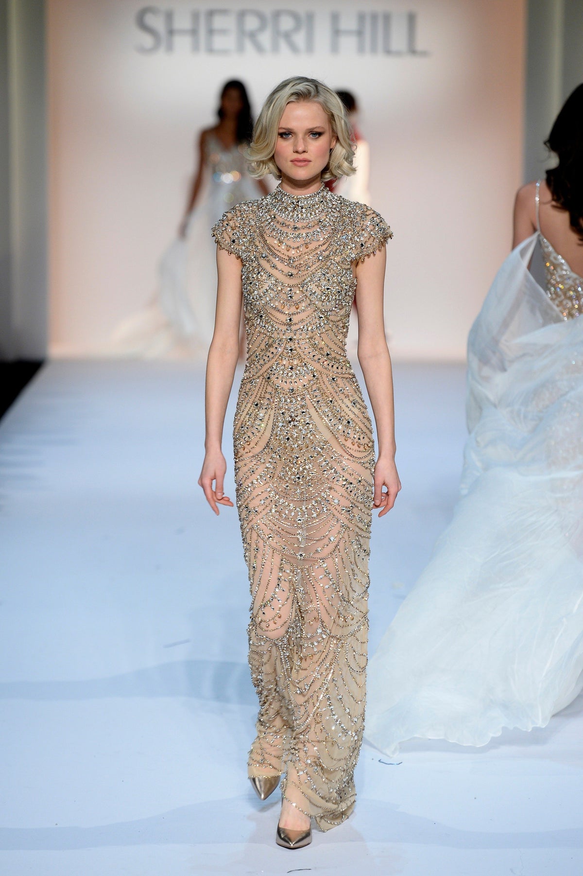 Sherri Hill 44799 beaded fitted gown with cap sleeves in nude/multi
