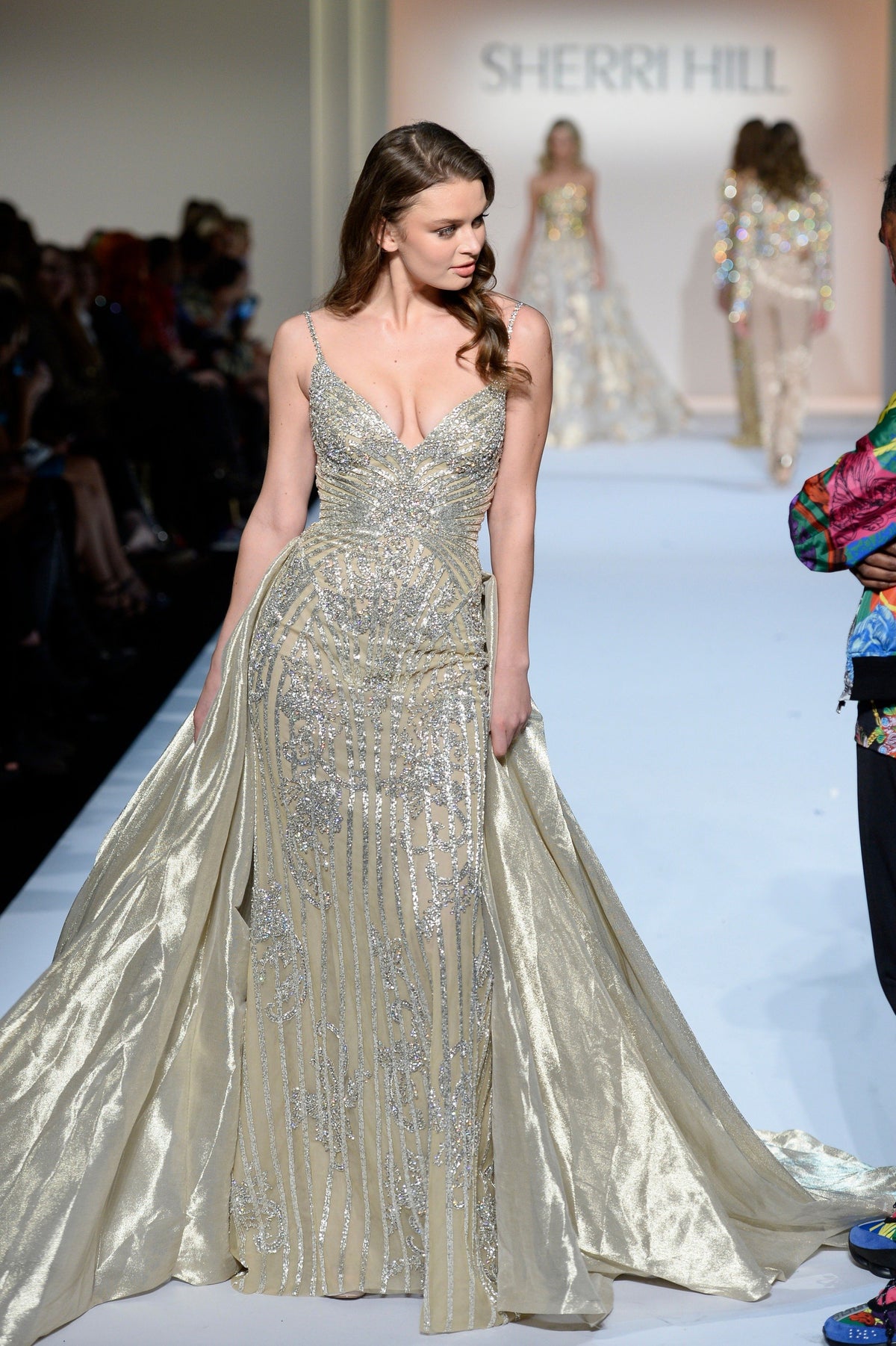 Sherri Hill 44712 beaded fitted gown with metallic overskirt