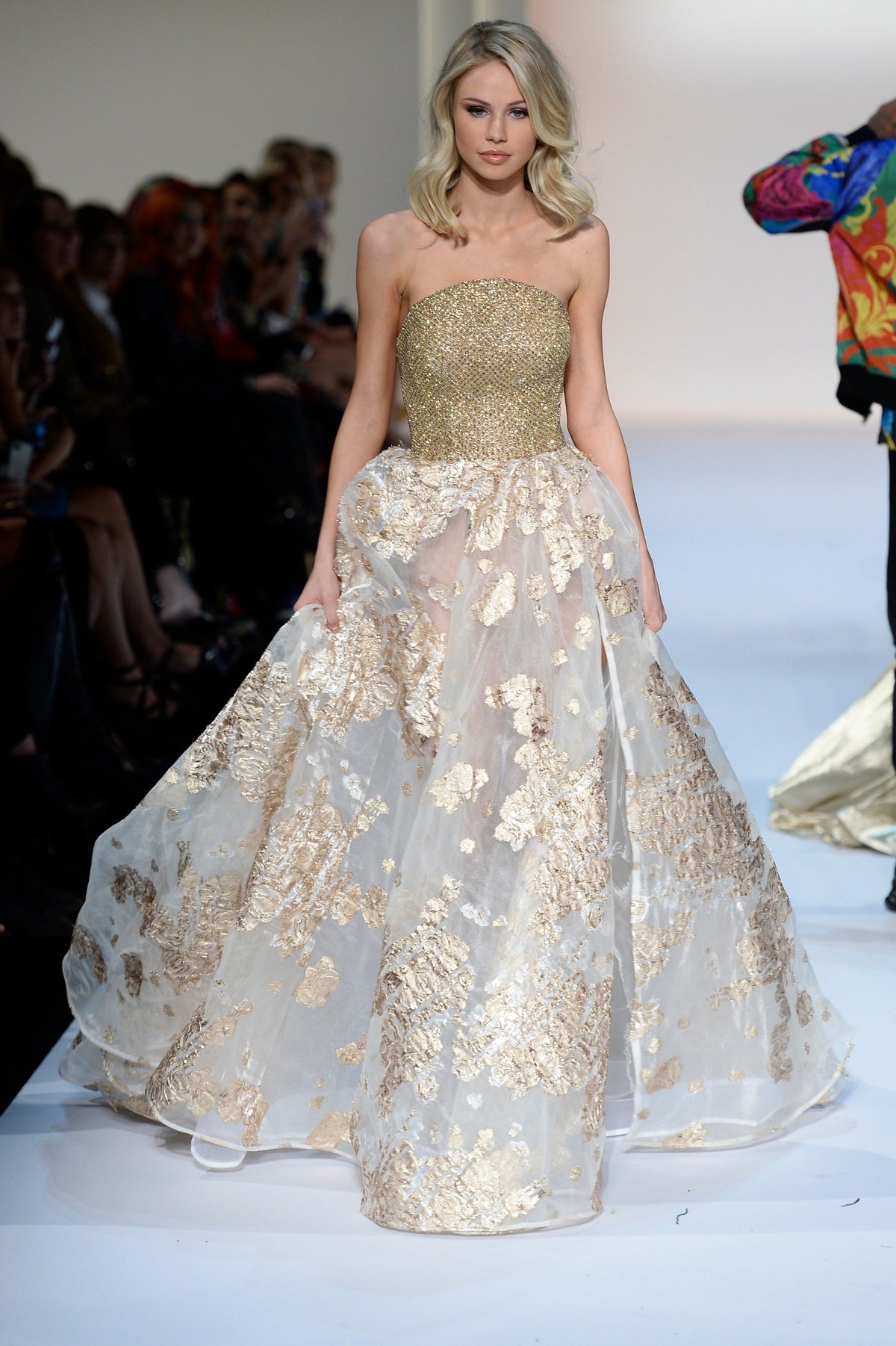 Sherri Hill 44580 strapless beaded ball gown in ivory/gold