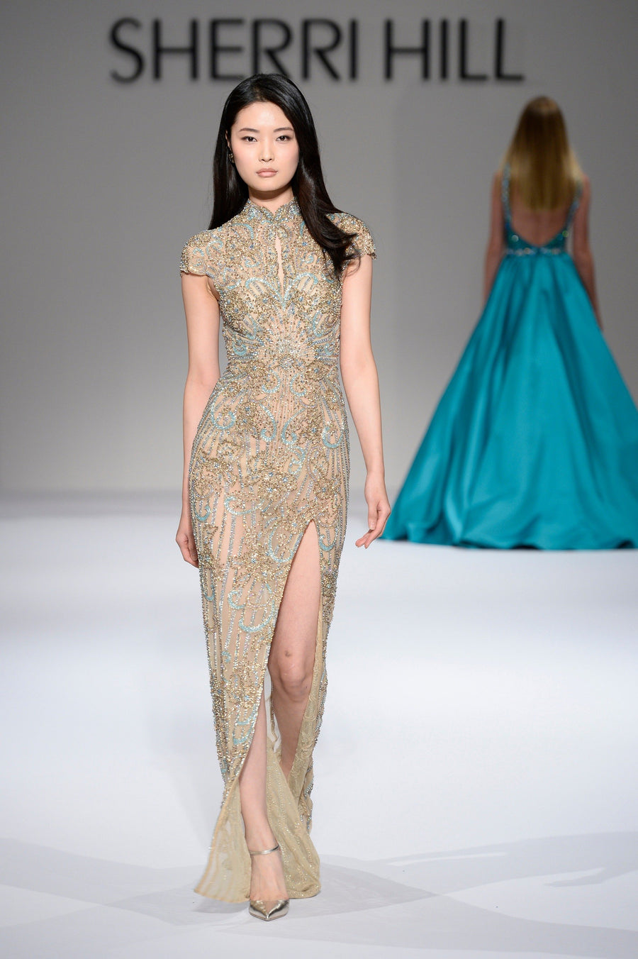 Sherri Hill style 44543 in nude/aqua
