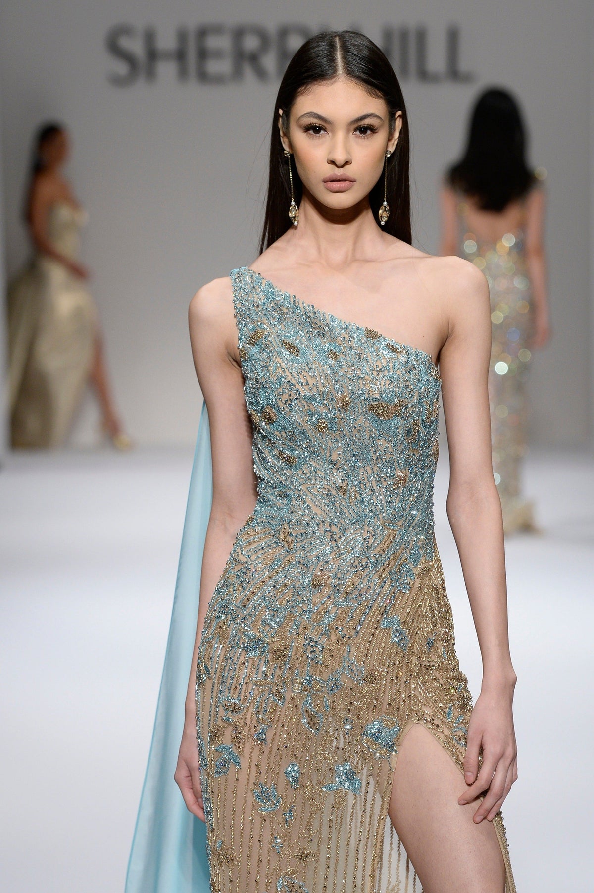 Sherri Hill 44568x one-shoulder beaded gown with cape in nude/light blue