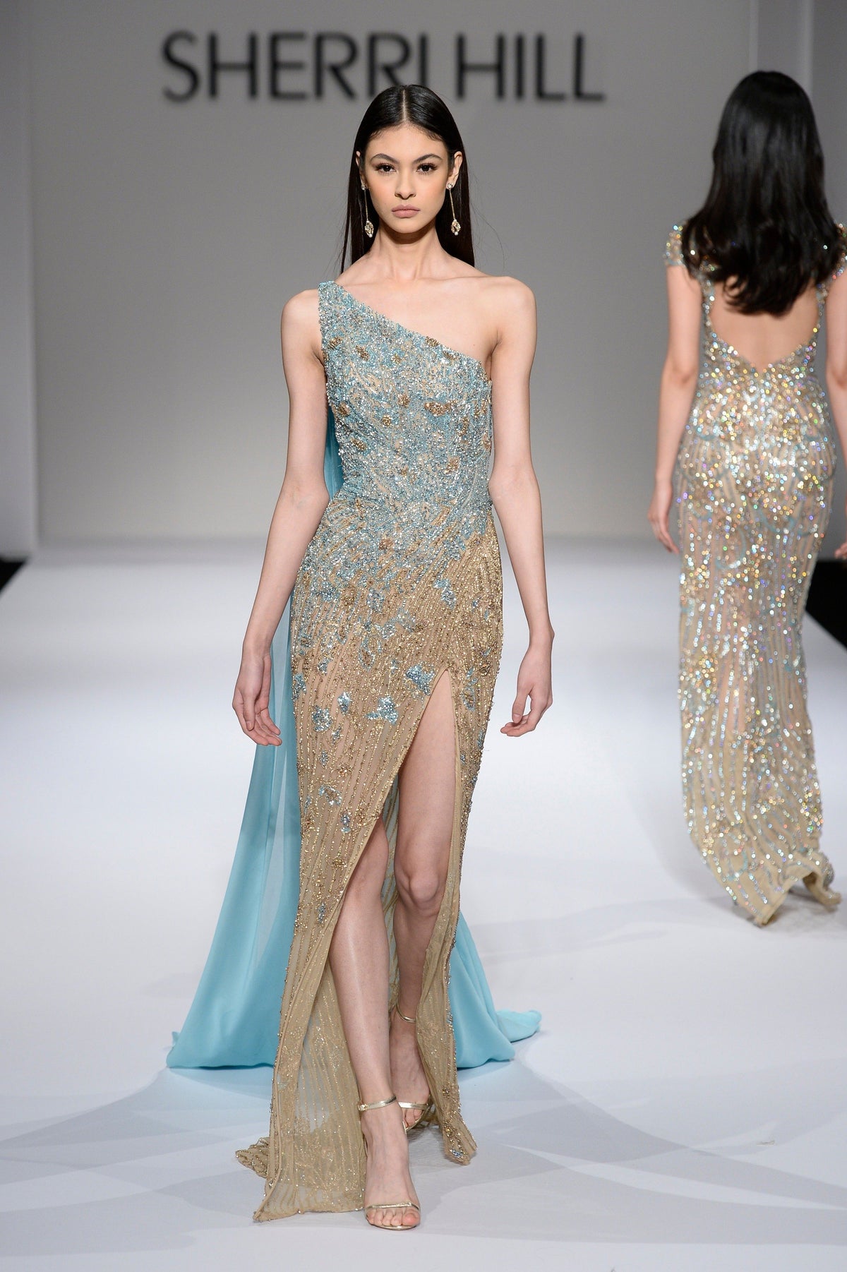 Sherri Hill 44568x one-shoulder beaded gown with cape in nude/light blue
