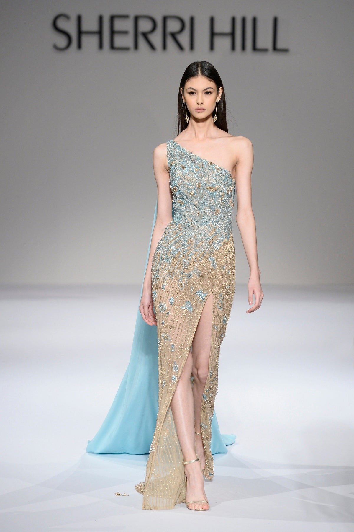 Sherri Hill 44568x one-shoulder beaded gown with cape in nude/light blue