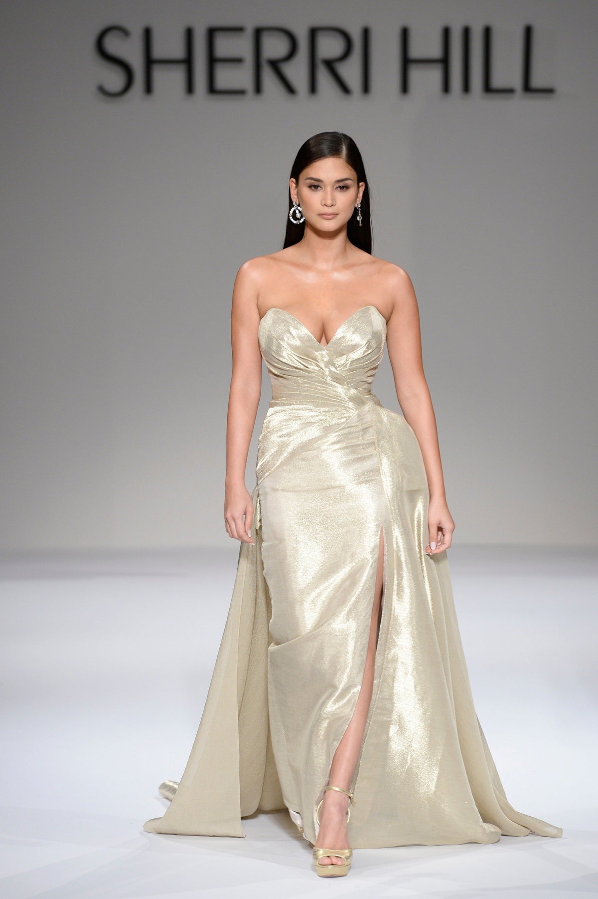 Sherri Hill 44581 sweetheart satin gown with slit in gold
