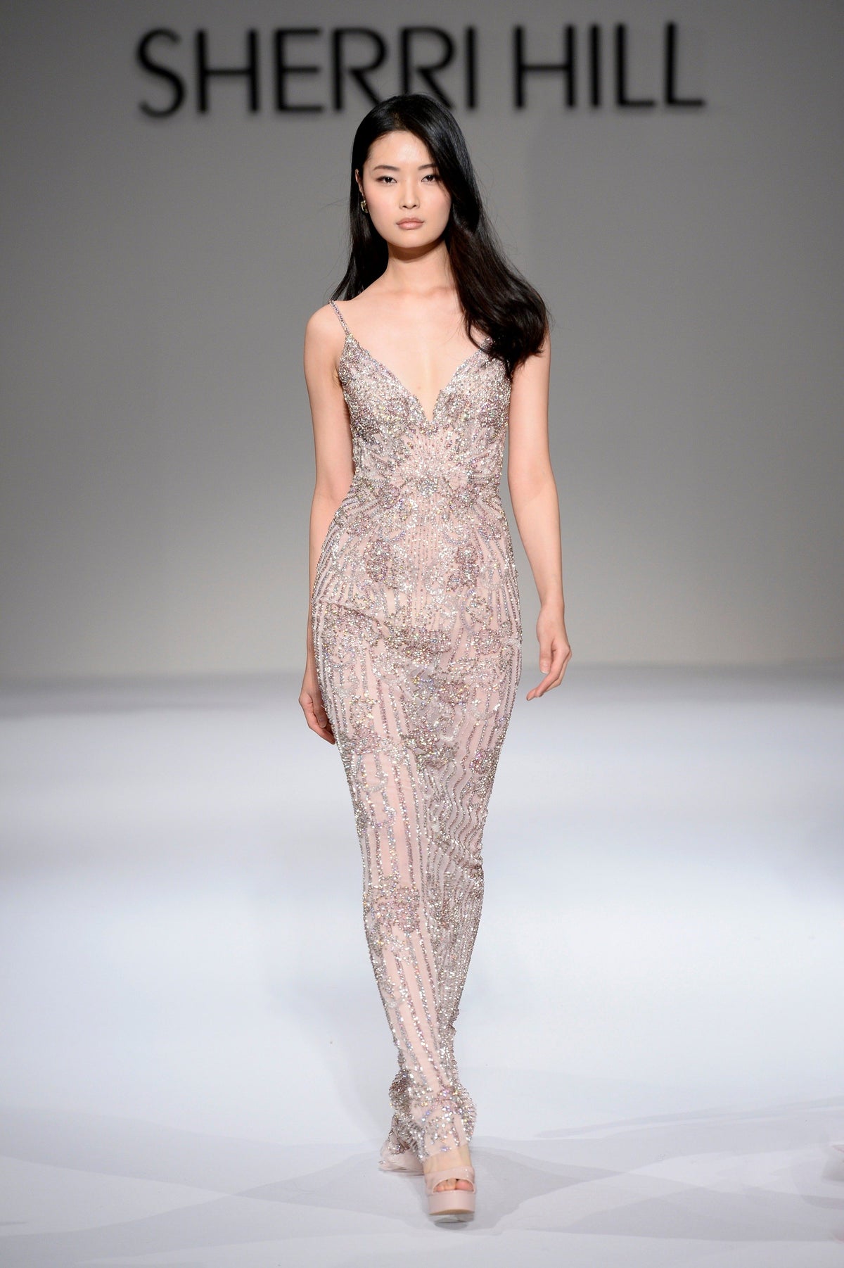 Sherri Hill 44565 beaded fitted gown in pink/silver