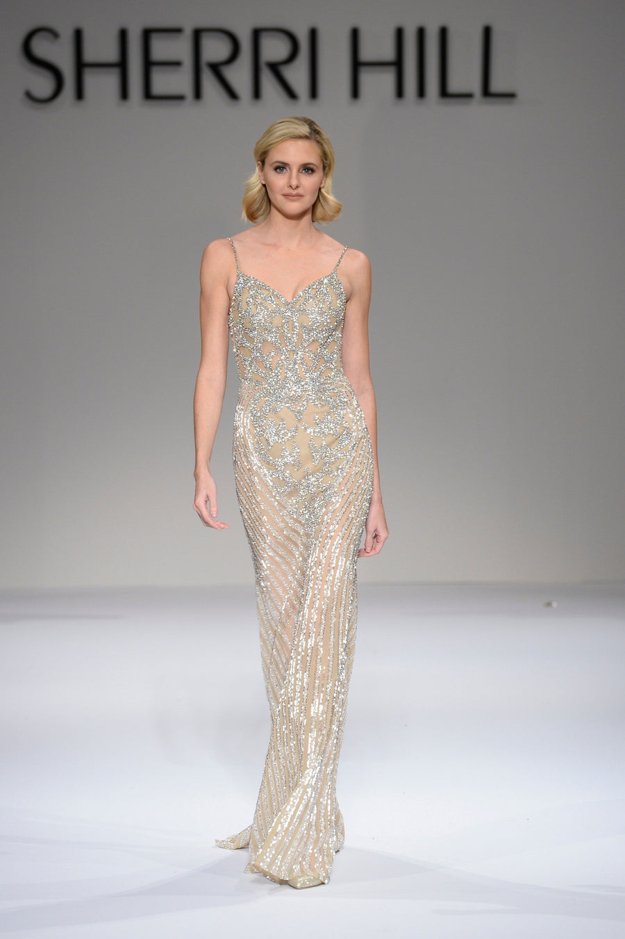 Sherri Hill style 44563 in nude/silver