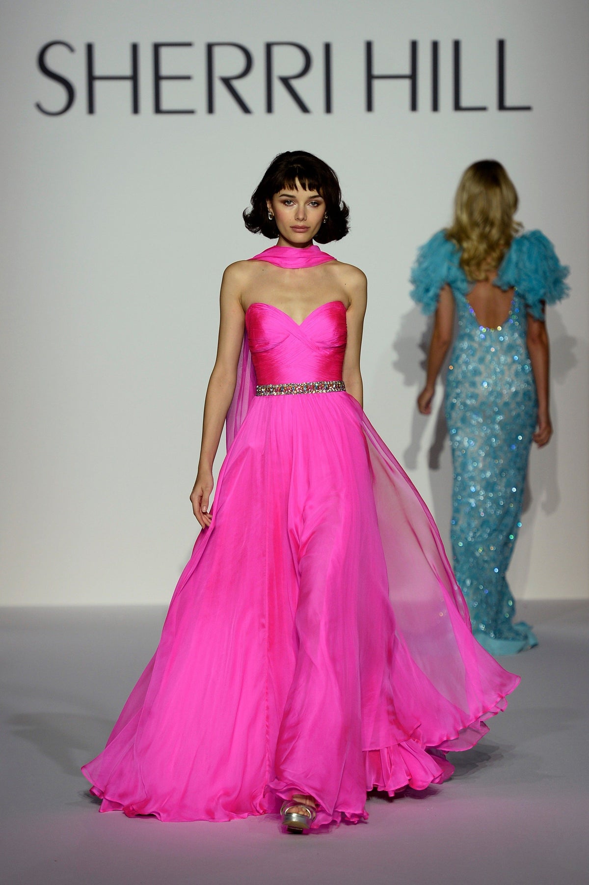 Sherri Hill 44675 strapless beaded bodice chiffon gown with cape in fuchsia