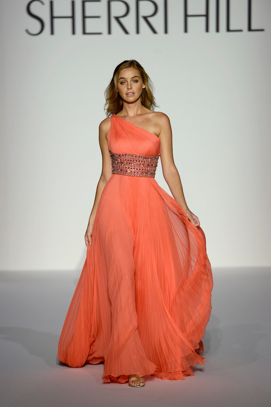 Sherri Hill style 44664 in coral, One-Shoulder Chiffon Gown with Beaded Waist