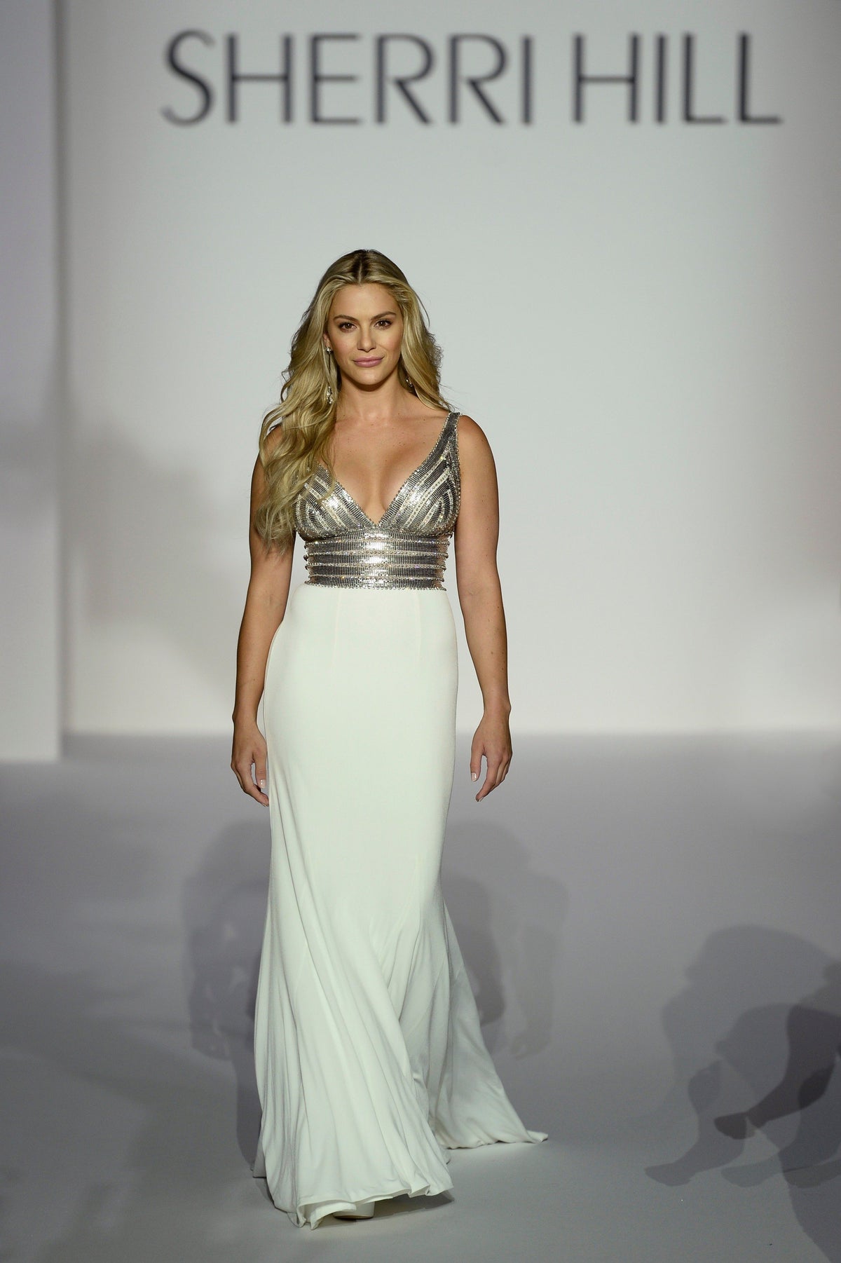 Sherri Hill 44385 V-neck fitted gown with metallic bodice in ivory/silver