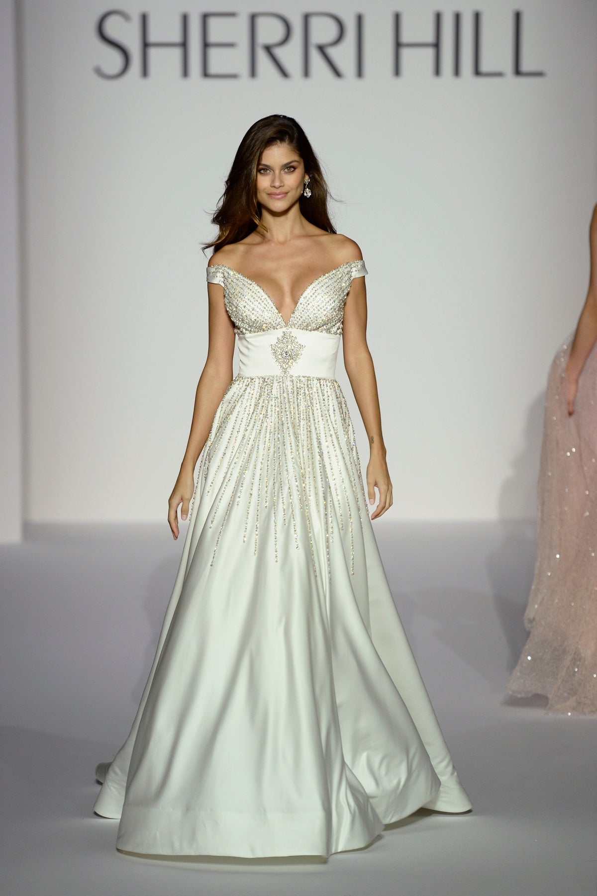 Sherri Hill 44642 V-neck satin ball gown in ivory